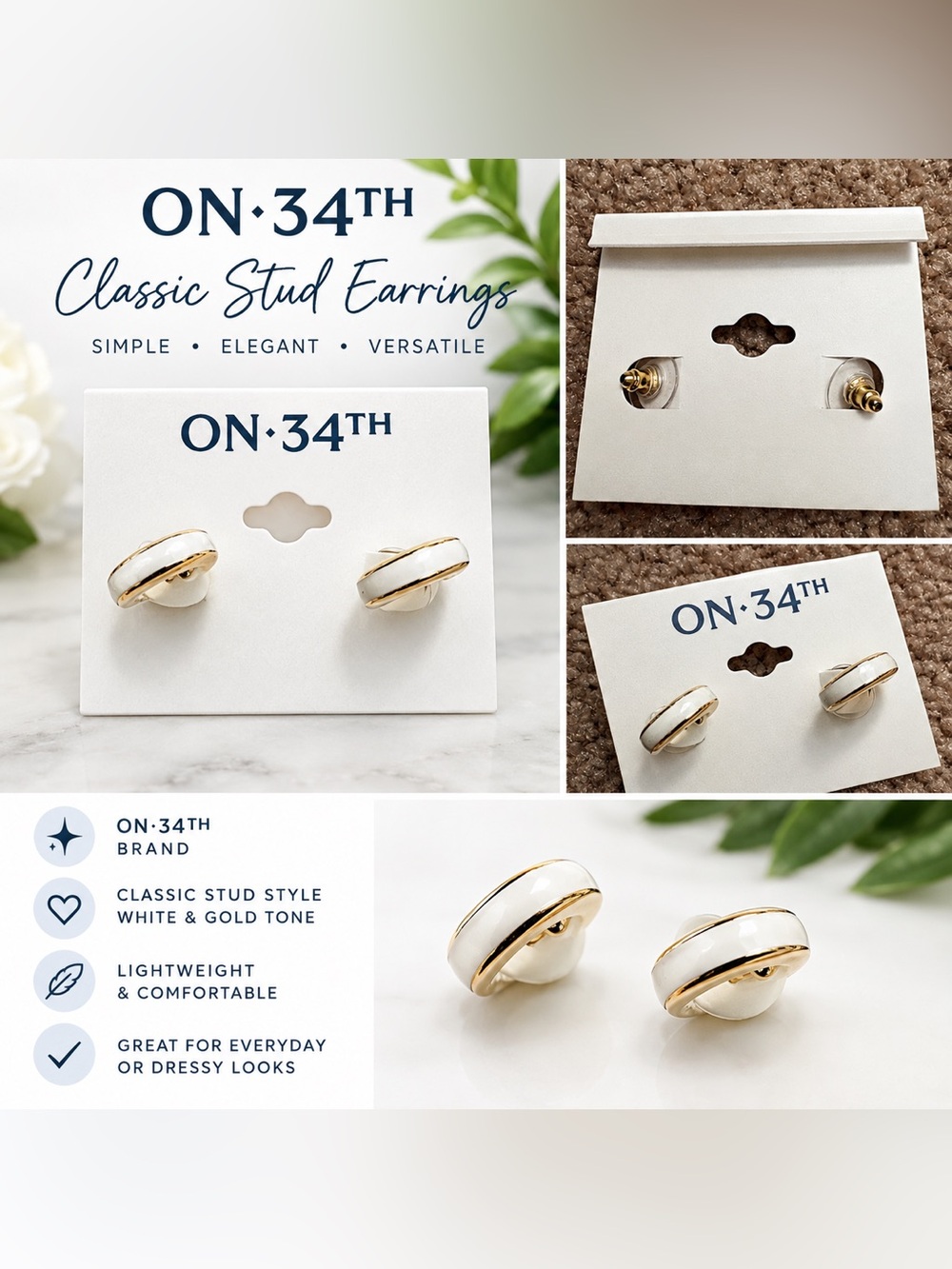 ON·34TH White and Gold Hoop-Edge Stud Earrings
